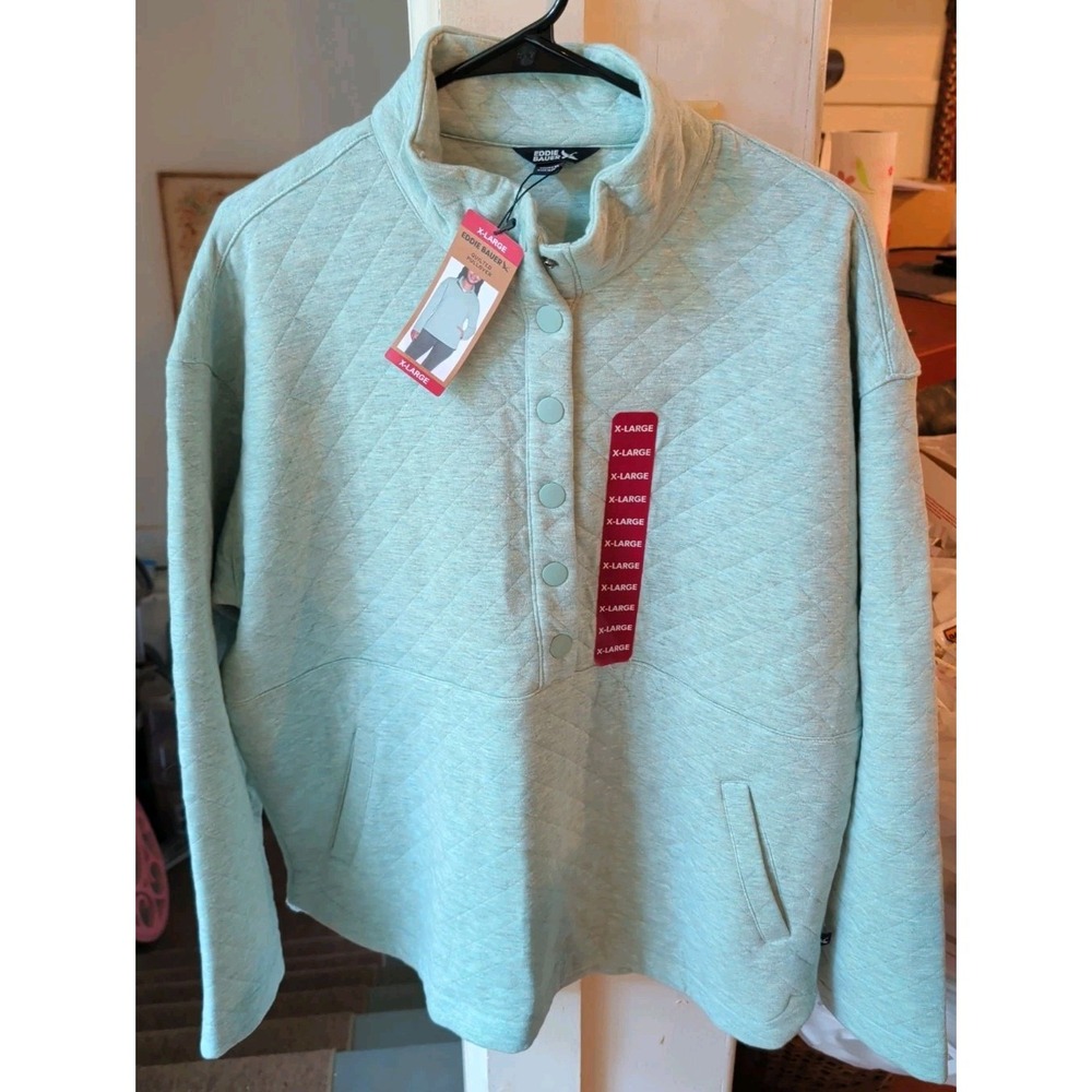New NWT Eddie Bauer Women's Kangaroo Pockets Quilted Pullover (Light Blue, XL)